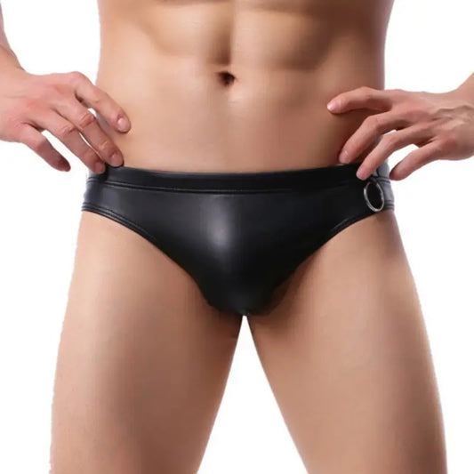 DomiGe Men's Sexy Faux Leather Thong with Metal Ring CMF028