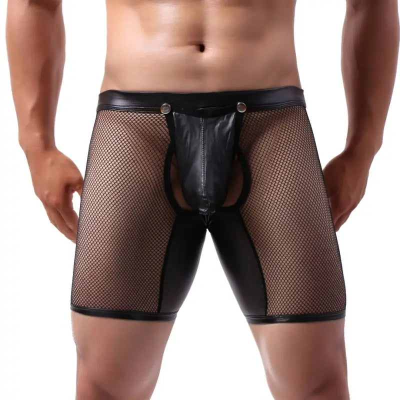 DomiGe Men's Boxer Briefs Mesh Leather-Look Snap Pouch