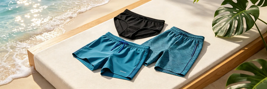 Men's swimwear buying guide — swim briefs, swim trunks and boardshorts laid out on a sunny pool deck