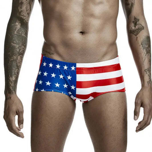 Seobean Men's Swim Trunks - Stylish Flag Print, Sexy Swimwear for Men