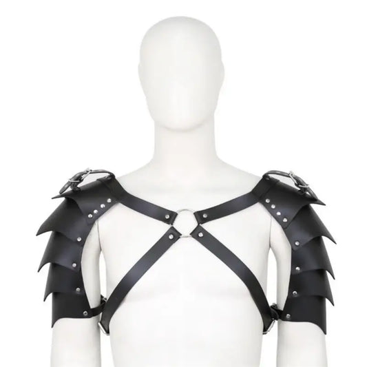Men's Black Dragon Scale BDSM Harness - Adjustable Leather Pauldrons