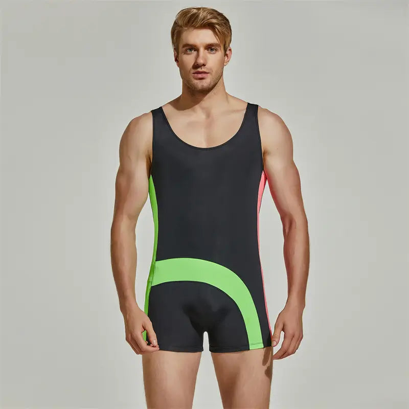 Seobean Men’s Nylon Color-Block Sleeveless Swimsuit – Unique Design for Stylish Swimming