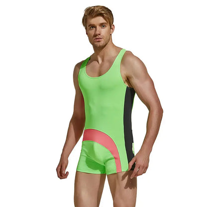 Seobean Men’s Nylon Color-Block Sleeveless Swimsuit – Unique Design for Stylish Swimming