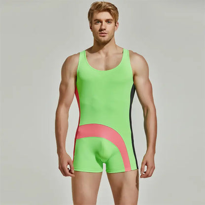 Seobean Men’s Nylon Color-Block Sleeveless Swimsuit – Unique Design for Stylish Swimming