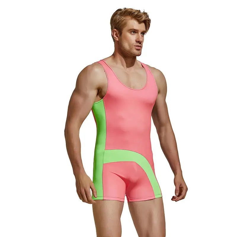 Seobean Men’s Nylon Color-Block Sleeveless Swimsuit – Unique Design for Stylish Swimming