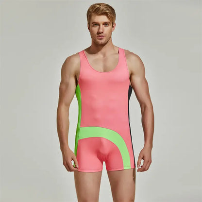 Seobean Men’s Nylon Color-Block Sleeveless Swimsuit – Unique Design for Stylish Swimming