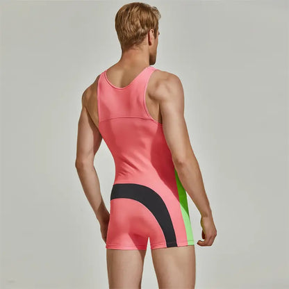 Seobean Men’s Nylon Color-Block Sleeveless Swimsuit – Unique Design for Stylish Swimming