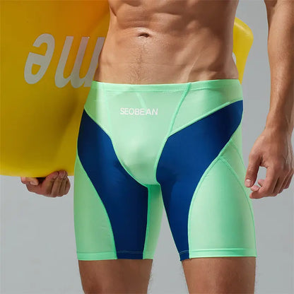 Seobean Compression Swim Boxers Long Length Swim Shorts for Men