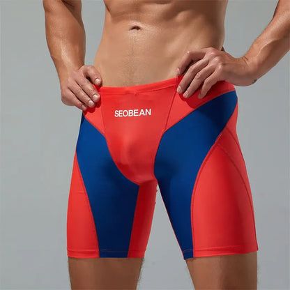 Seobean Compression Swim Boxers Long Length Swim Shorts for Men