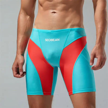 Seobean Compression Swim Boxers Long Length Swim Shorts for Men