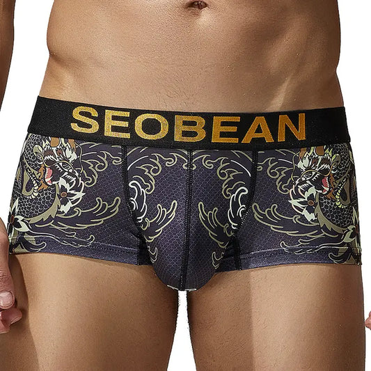 Seobean Men's Dragon Print Boxer Briefs - Low-Rise Pouch Underwear