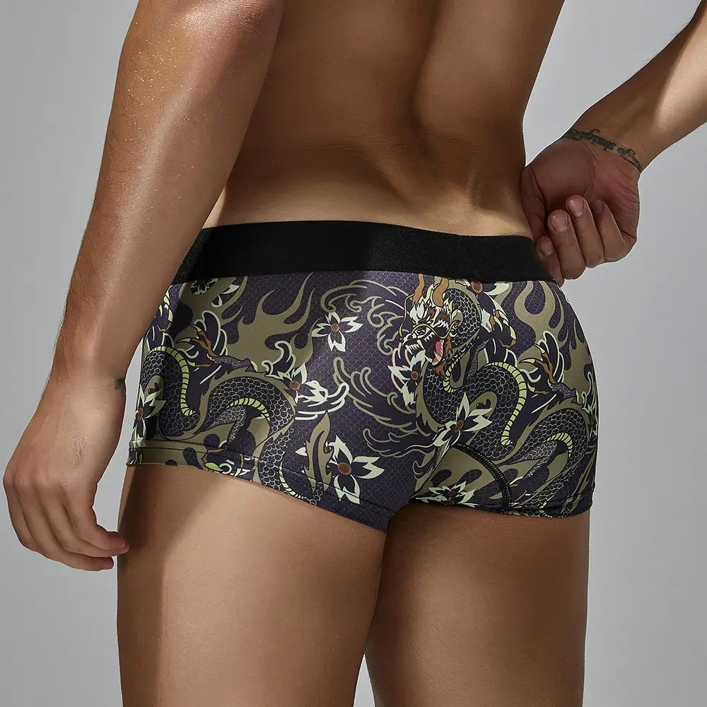 Seobean Men's Dragon Print Boxer Briefs - Low-Rise Pouch Underwear