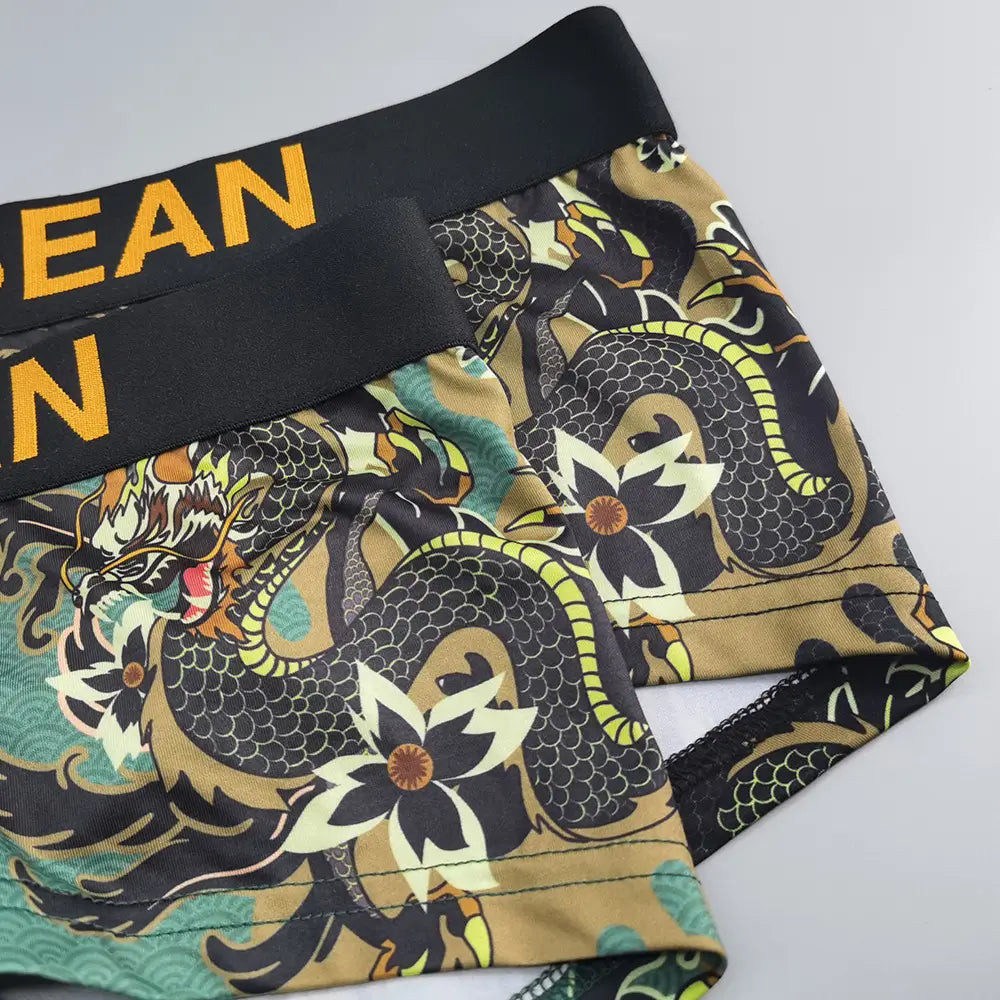 Seobean Men's Dragon Print Boxer Briefs - Low-Rise Pouch Underwear