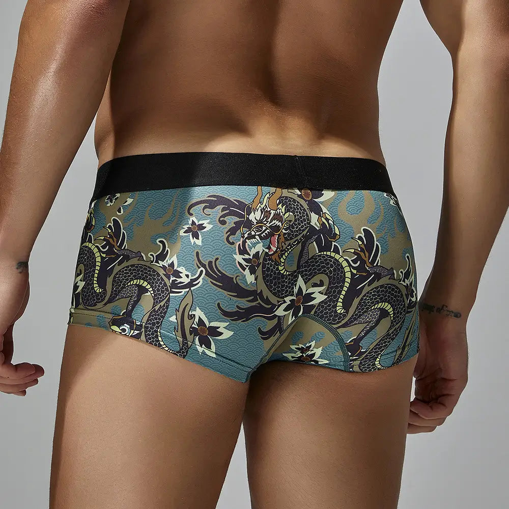 Seobean Men's Dragon Print Boxer Briefs - Low-Rise Pouch Underwear