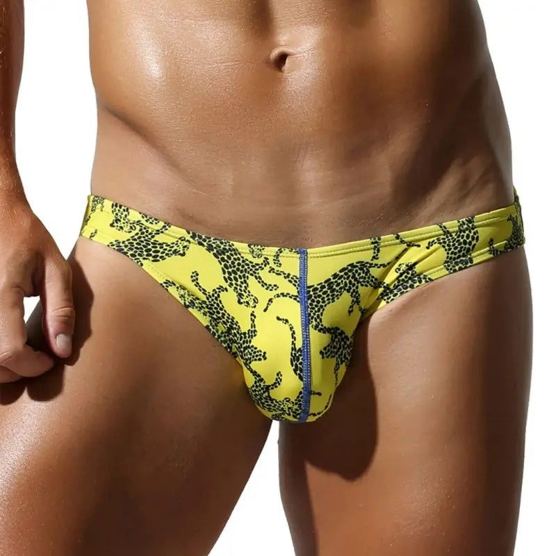 Yellow leopard print low rise bikini briefs, front view - SEOBEAN 260103 men's underwear, contour pouch