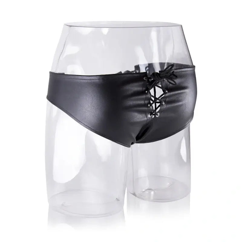 Men's Lace-Up Leather Brief – Black Fetish Thong Underwear with Eyelets