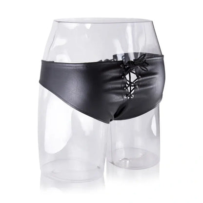 Men's Lace-Up Leather Brief – Black Fetish Thong Underwear with Eyelets