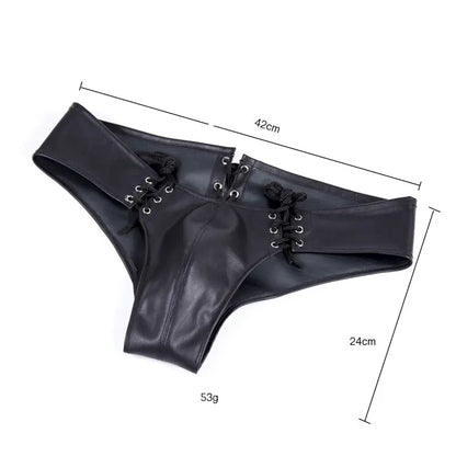 Men's Lace-Up Leather Brief – Black Fetish Thong Underwear with Eyelets