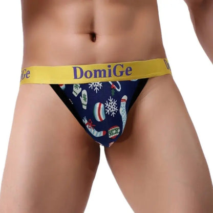 DomiGe Men's Christmas G-String Thong - Navy Blue Holiday Print Underwear