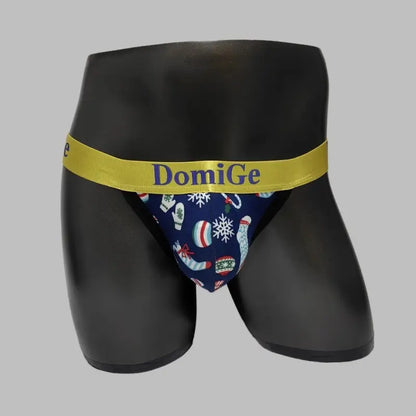 DomiGe Men's Christmas G-String Thong - Navy Blue Holiday Print Underwear