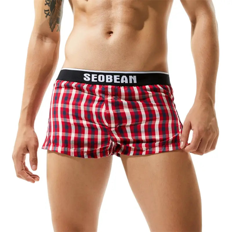 Seobean Men's Fashionable Checked Boxer Shorts Home Wear