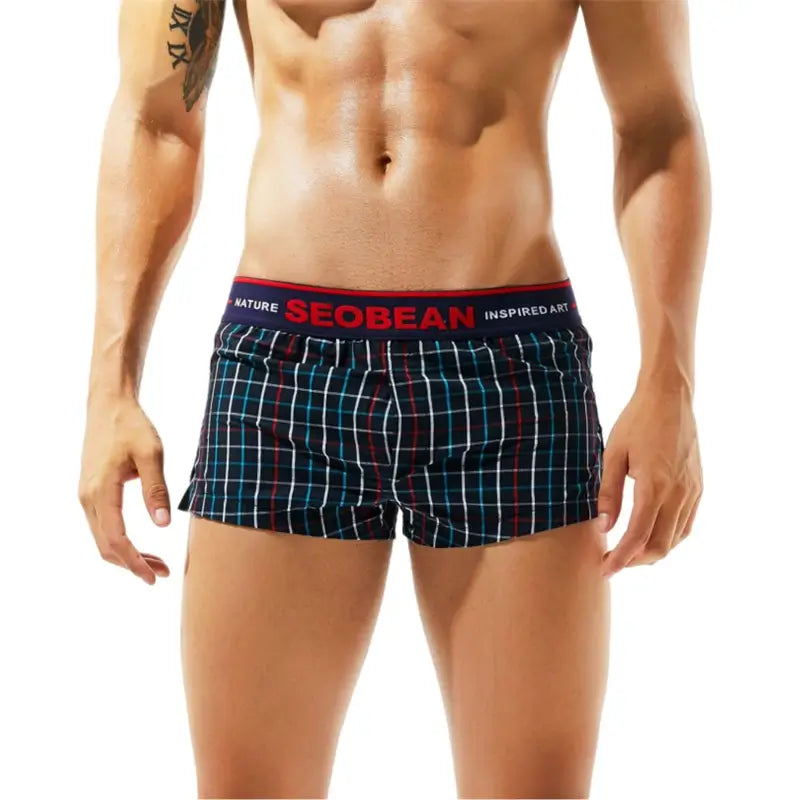 Seobean Men's Fashionable 100% Cotton Art-Inspired Grid Boxer Shorts