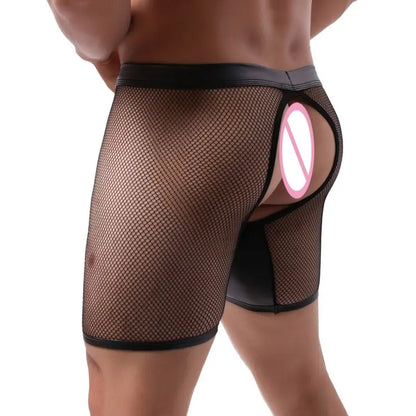 DomiGe Men's Boxer Briefs Mesh Leather-Look Snap Pouch