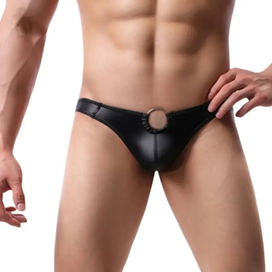 DomiGe Men's Black Leather-Look Thong with Metal Ring