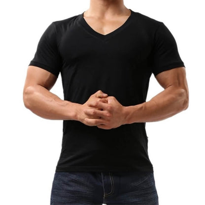 DomiGe Men's Cotton Undershirt - V-Neck T-Shirt in Pure Black