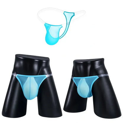 Blue sheer mens thong on mannequin, front and angled view - Adannu AD319