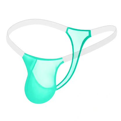 Green sheer mesh mens thong with transparent waistband, flat lay - Adannu AD319
