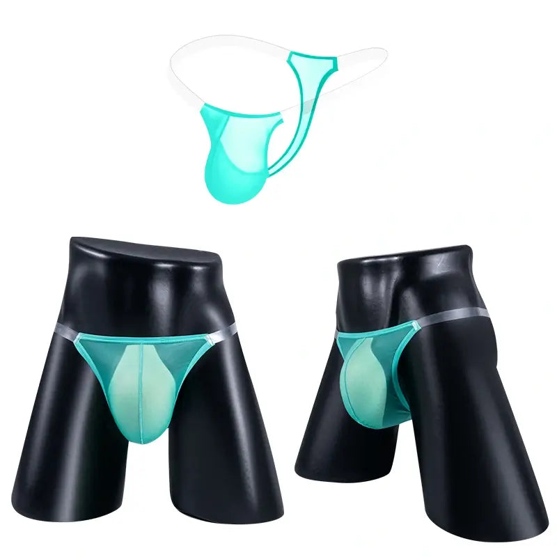 Green sheer mens thong on mannequin, front and angled view - Adannu AD319