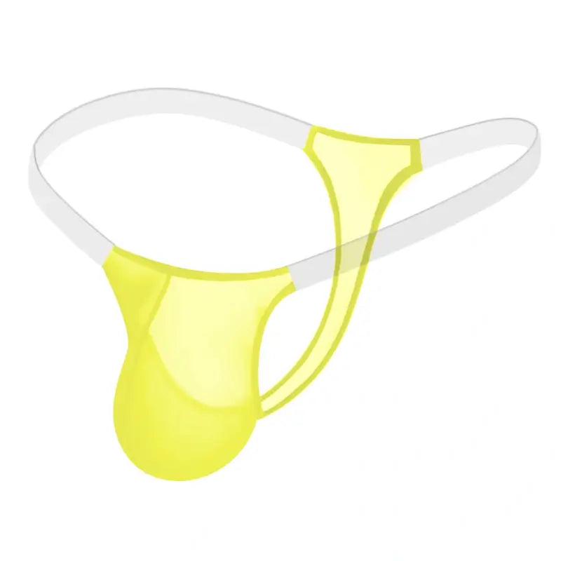 Yellow sheer mesh mens thong with transparent waistband, flat lay - Adannu AD319