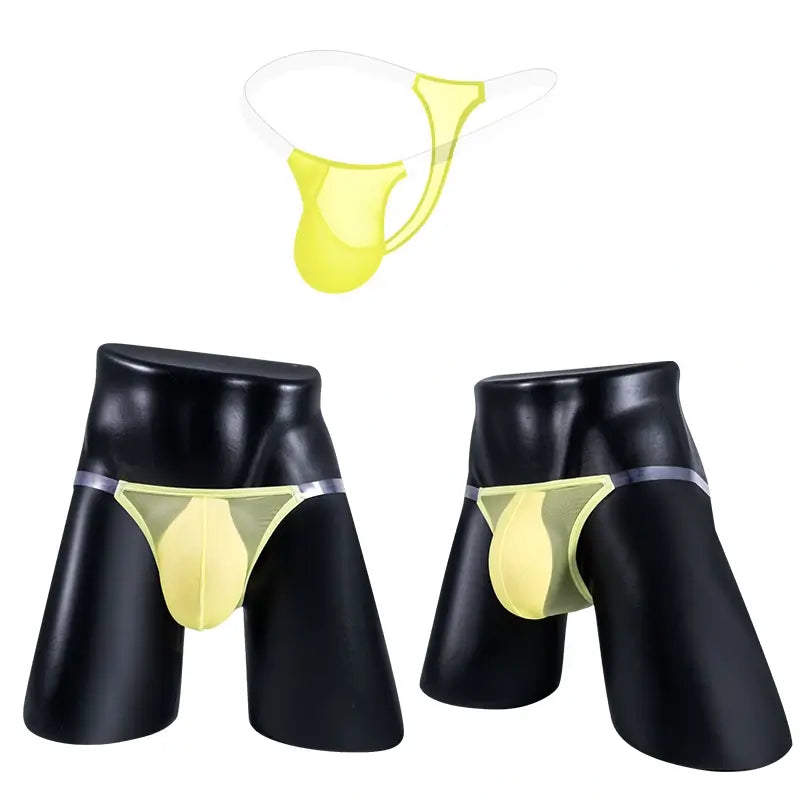 Yellow sheer mens thong on mannequin, front and angled view - Adannu AD319