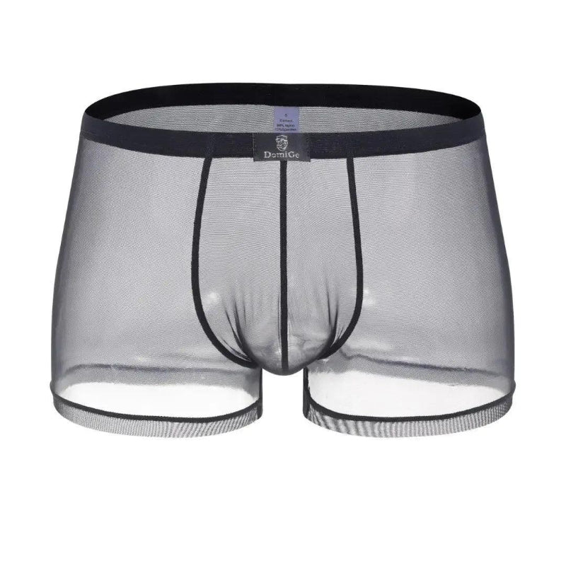 Black sheer mesh boxer shorts 3D angle — airy open weave	