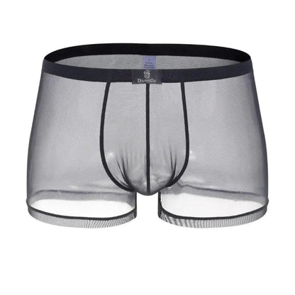 Black sheer mesh boxer shorts 3D angle — airy open weave	