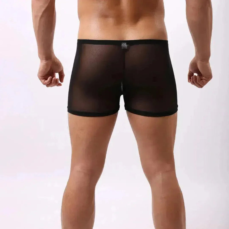 Black men's sheer boxer shorts back — loose fit lightweight	