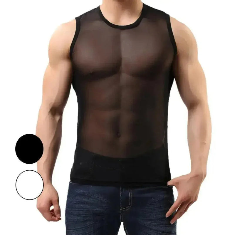Black sheer mesh top front view — DomiGe men's see-through shirt	