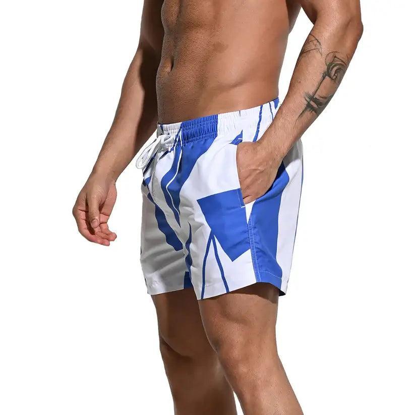 Desmiit Men's Printed Beach Shorts Blue Block Board Shorts with Mesh Lining