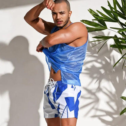 Desmiit Men's Printed Beach Shorts Blue Block Board Shorts with Mesh Lining
