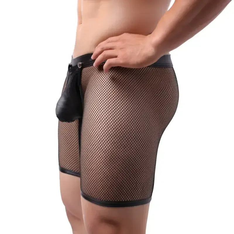 DomiGe DomiGe Men's Boxer Briefs Mesh Leather-Look Snap Pouch