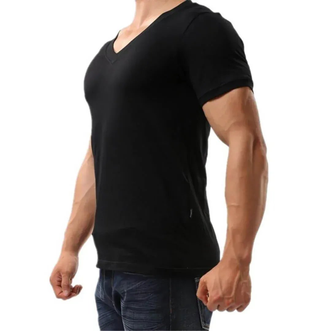 DomiGe DomiGe Men's Cotton Undershirt - V-Neck T-Shirt in Pure Black