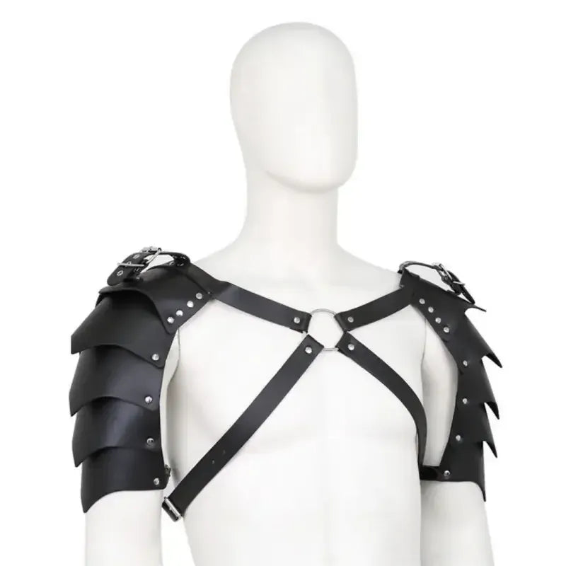 DomiGe Men's Black Dragon Scale BDSM Harness - Adjustable Leather Pauldrons
