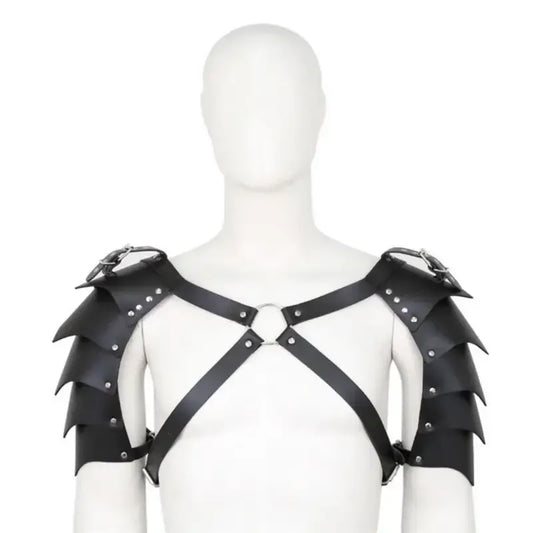 DomiGe Men's Black Dragon Scale BDSM Harness - Adjustable Leather Pauldrons