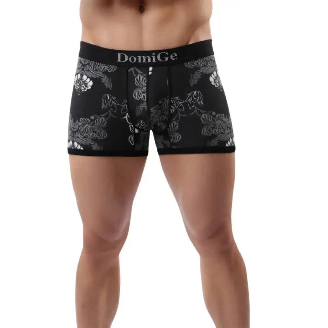 Men's Black Floral Print Cotton Stretch Boxer Briefs with Silver Logo Waistband and Contour Pouch Male Boxers - His Inwear