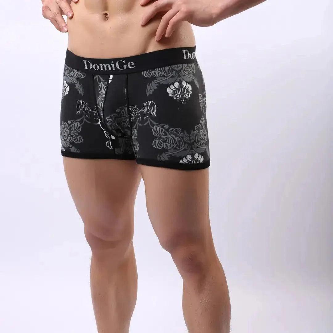 Men's Black Floral Print Cotton Stretch Boxer Briefs with Silver Logo Waistband and Contour Pouch Male Boxers - His Inwear