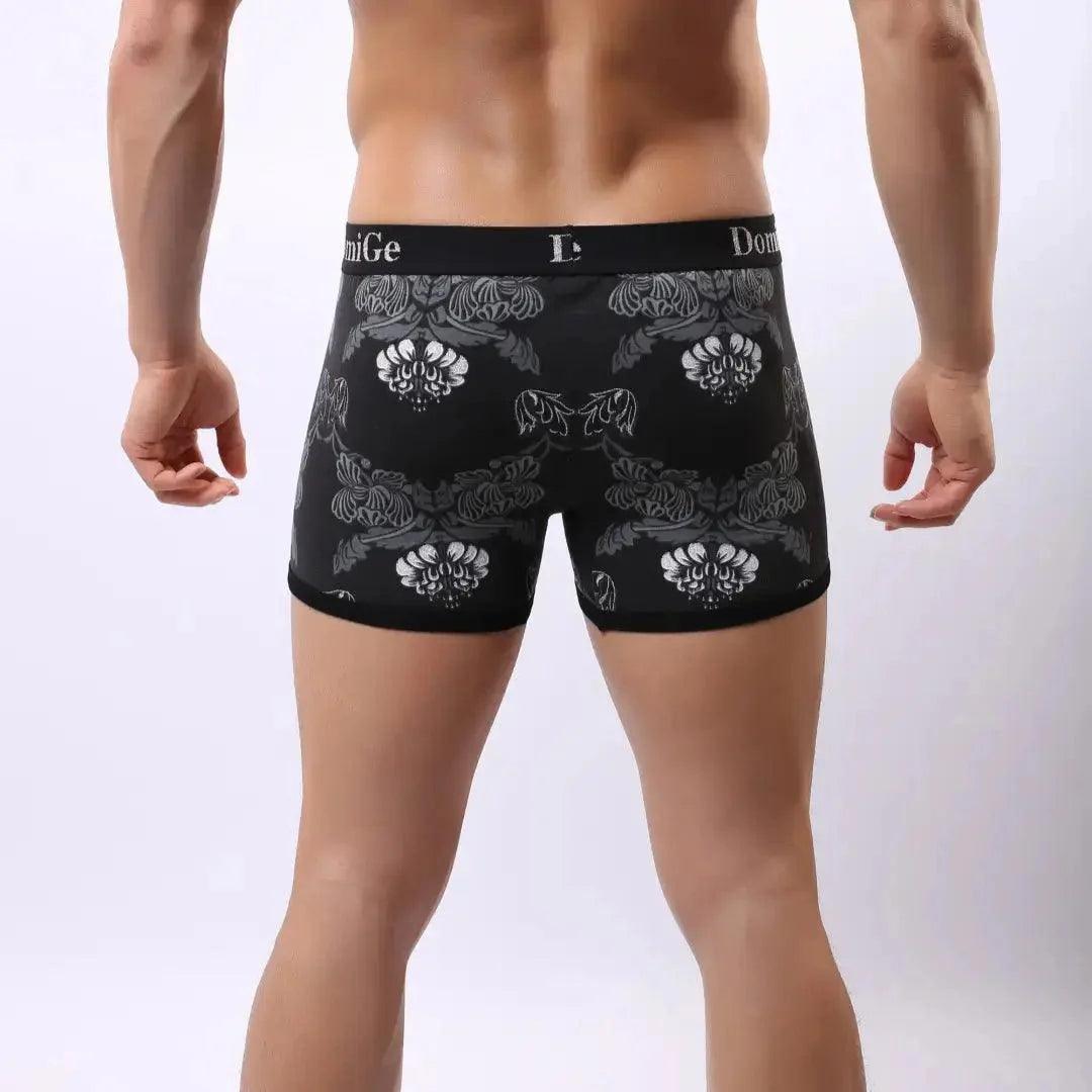 Men's Black Floral Print Cotton Stretch Boxer Briefs with Silver Logo Waistband and Contour Pouch Male Boxers - His Inwear