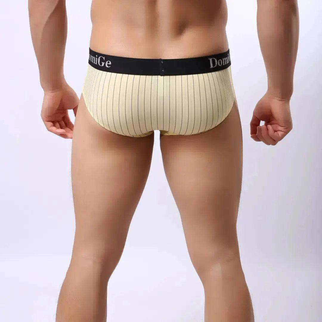 Men's Ice Silk Striped Mid-Waist Trunks with Silver Logo Waistband and Contour Pouch Male Underwear - His Inwear