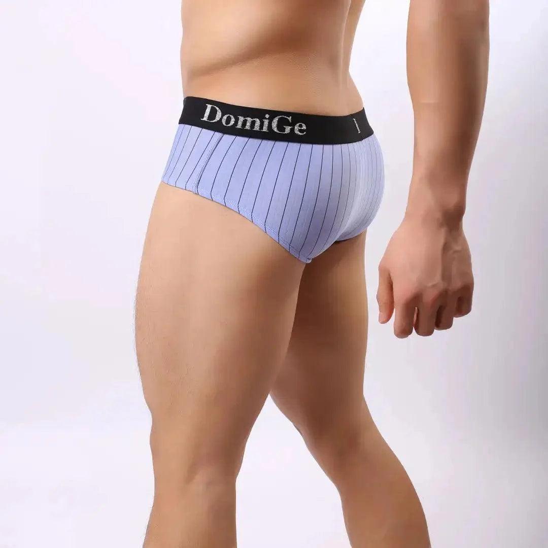 Men's Ice Silk Striped Mid-Waist Trunks with Silver Logo Waistband and Contour Pouch Male Underwear - His Inwear