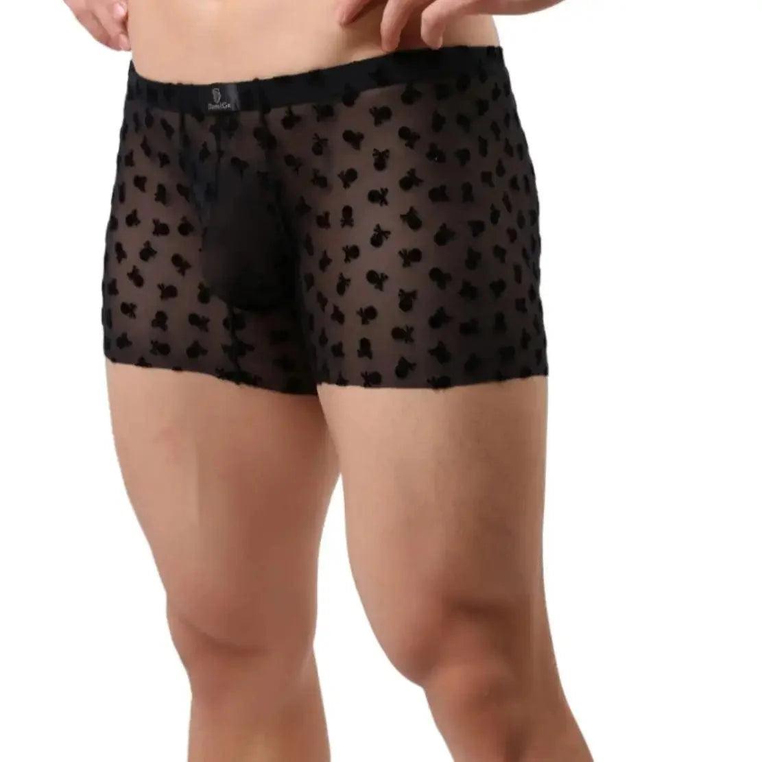 Men's Mid-Rise Nylon Boxer Briefs with Flocking Mesh Male Boxers Trunk Underwear - His Inwear